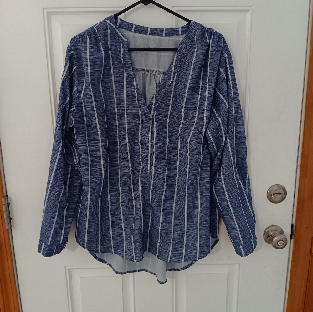 Blue V-Neck Long Sleeve Button Down Shirt
